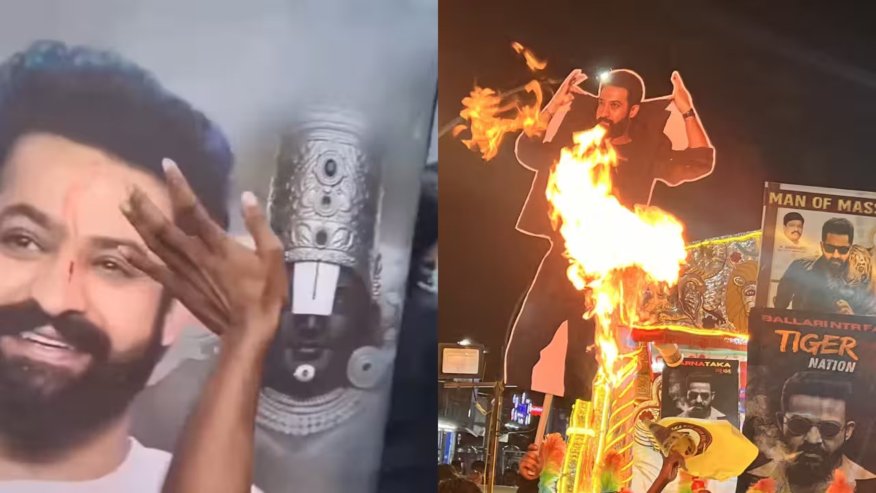 On the release of War 2, an obsessed fan applied tilak on Jr NTR poster with his blood, video goes viral